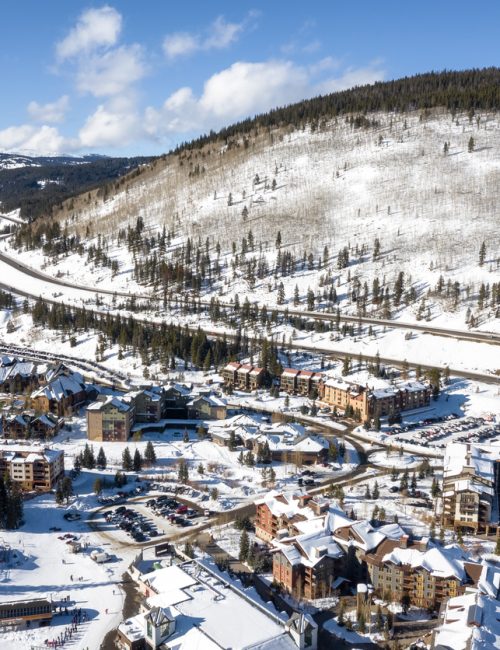 Aerial view winter recreation and sports in Copper Mountain in Colorado